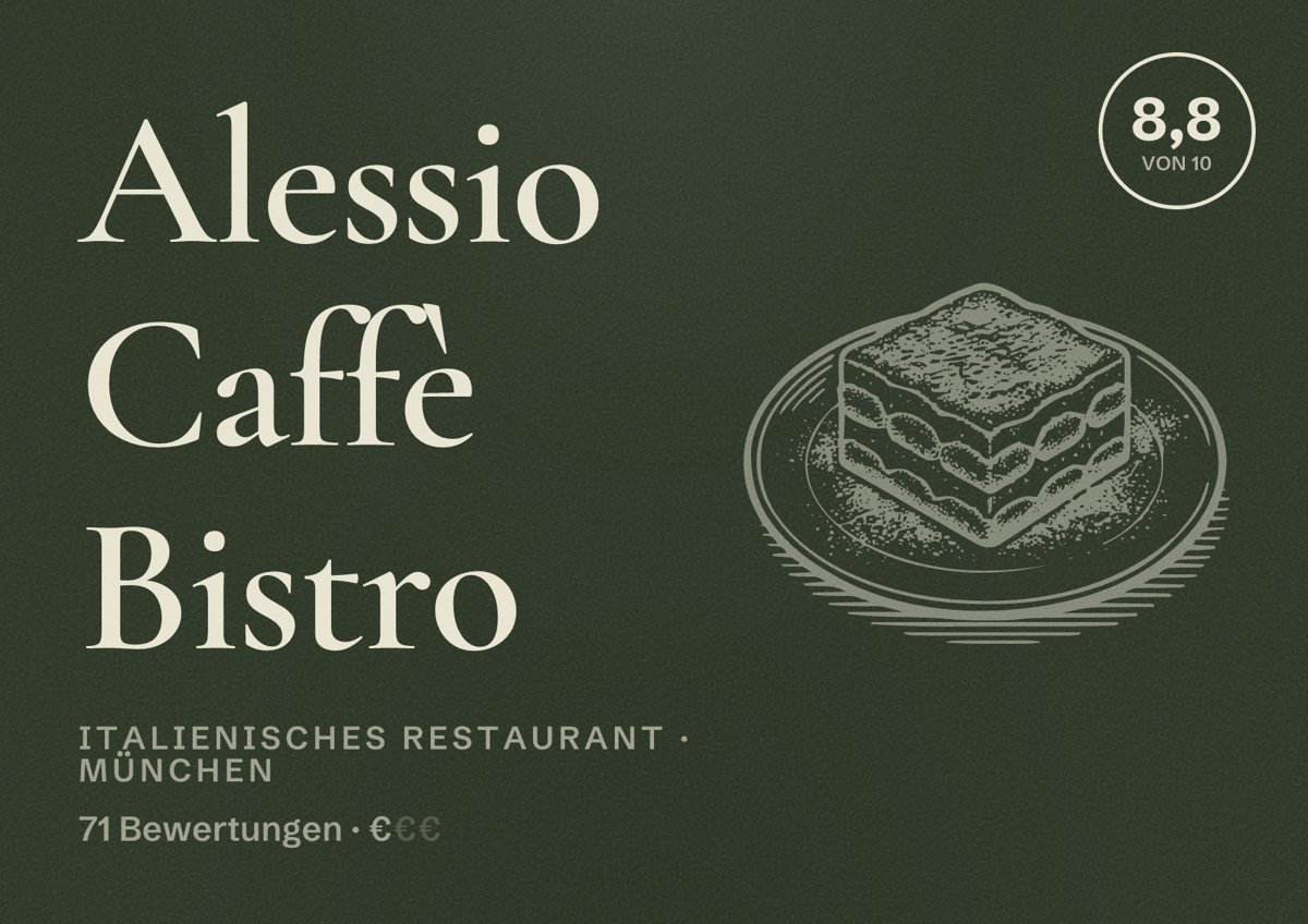 Illustriertes Poster von Alessio Caffè Bistro, Italienisches Restaurant in München: Bewertung 8,8 von 10 aus 71 Bewertungen, Preisniveau €