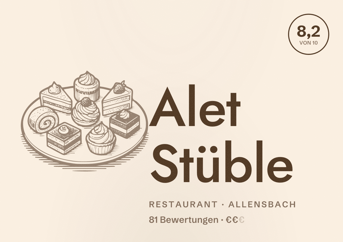 Illustriertes Poster von Alet Stüble, Restaurant in Allensbach: Bewertung 8,2 von 10 aus 81 Bewertungen, Preisniveau €€
