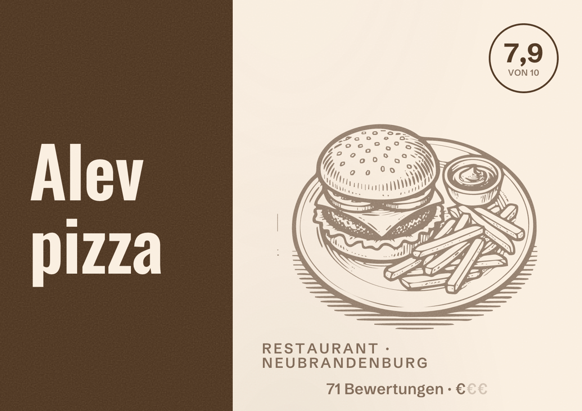 Illustriertes Poster von Alev pizza, Restaurant in Neubrandenburg: Bewertung 7,9 von 10 aus 71 Bewertungen, Preisniveau €