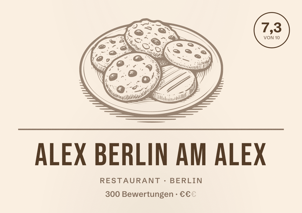 Illustriertes Poster von ALEX Berlin am Alex, Restaurant in Berlin: Bewertung 7,3 von 10 aus 300 Bewertungen, Preisniveau €€