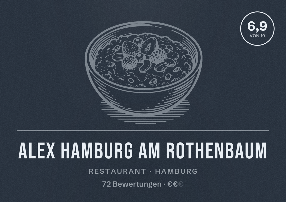 Illustriertes Poster von ALEX Hamburg am Rothenbaum, Restaurant in Hamburg: Bewertung 6,9 von 10 aus 72 Bewertungen, Preisniveau €€