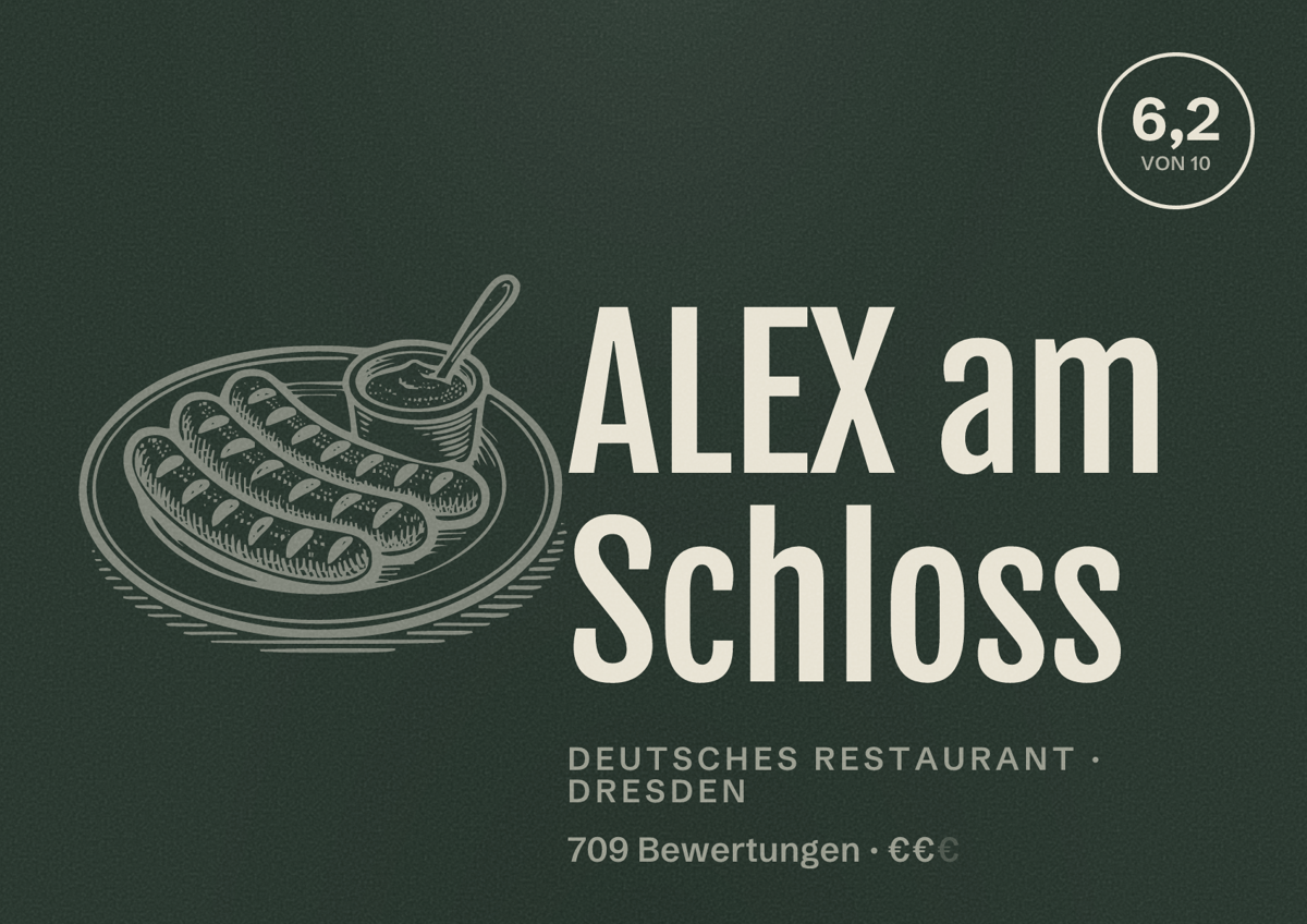 Illustriertes Poster von ALEX am Schloss, Deutsches Restaurant in Dresden: Bewertung 6,2 von 10 aus 709 Bewertungen, Preisniveau €€