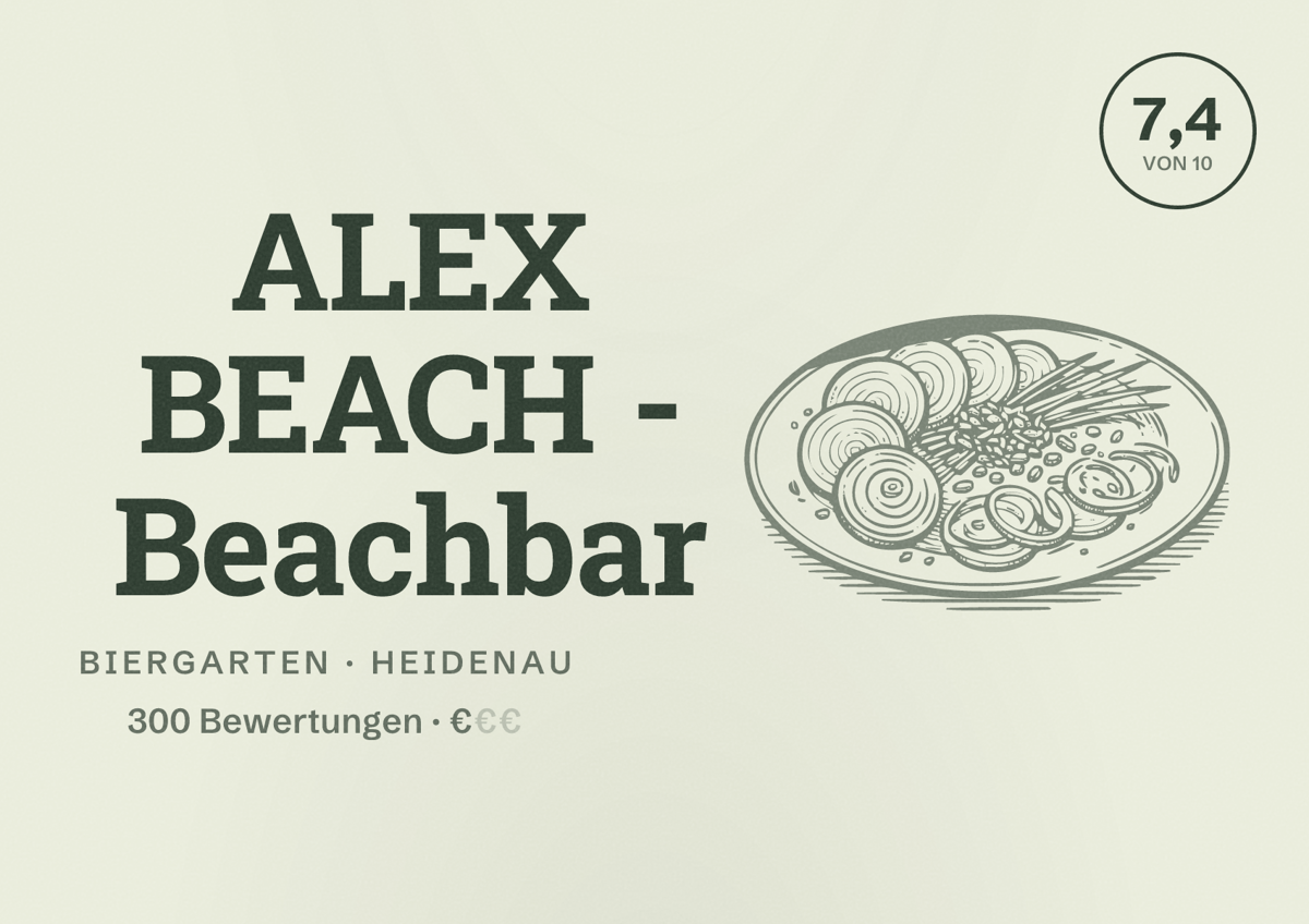 Illustriertes Poster von ALEX BEACH - Beachbar, Biergarten in Heidenau: Bewertung 7,4 von 10 aus 300 Bewertungen, Preisniveau €