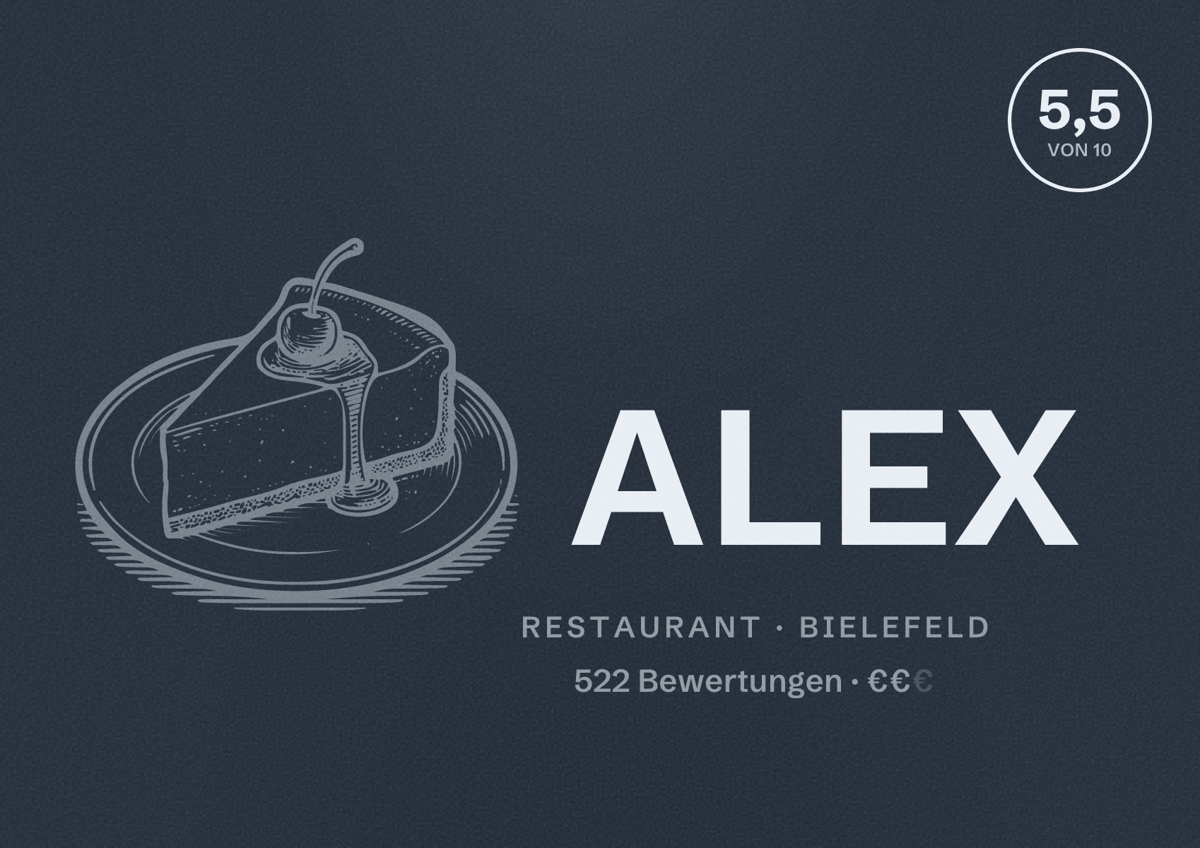 Illustriertes Poster von ALEX, Restaurant in Bielefeld: Bewertung 5,5 von 10 aus 522 Bewertungen, Preisniveau €€