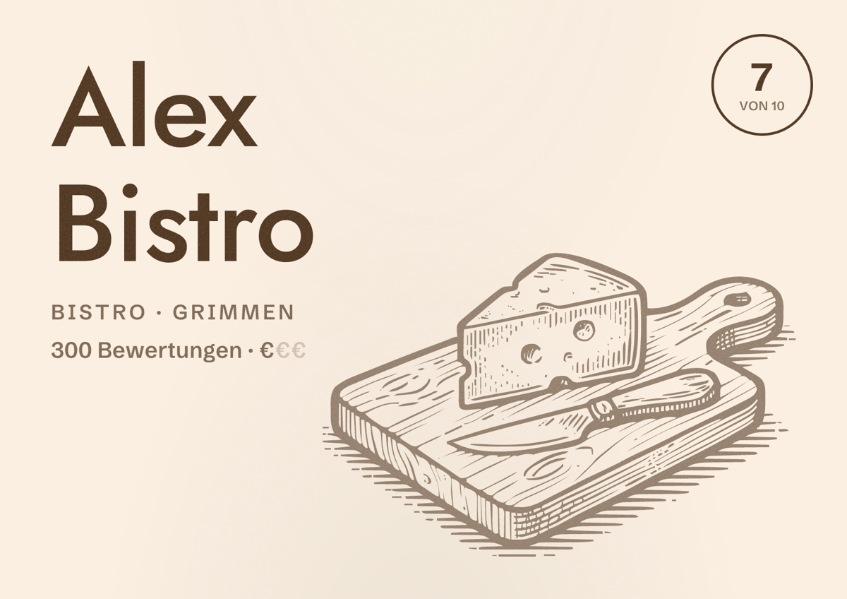 Illustriertes Poster von Alex Bistro, Bistro in Grimmen: Bewertung 7 von 10 aus 300 Bewertungen, Preisniveau €