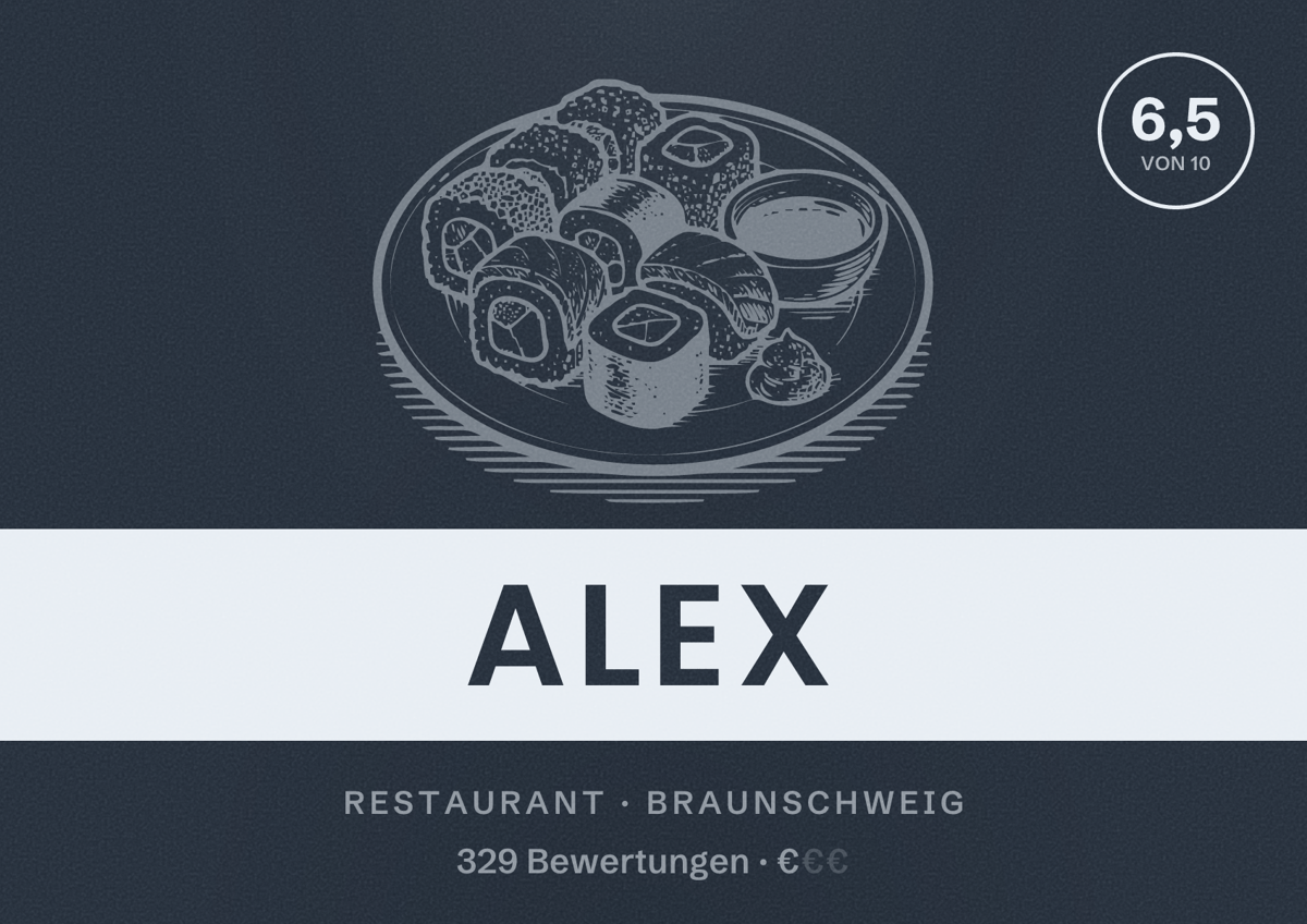 Illustriertes Poster von ALEX, Restaurant in Braunschweig: Bewertung 6,5 von 10 aus 329 Bewertungen, Preisniveau €