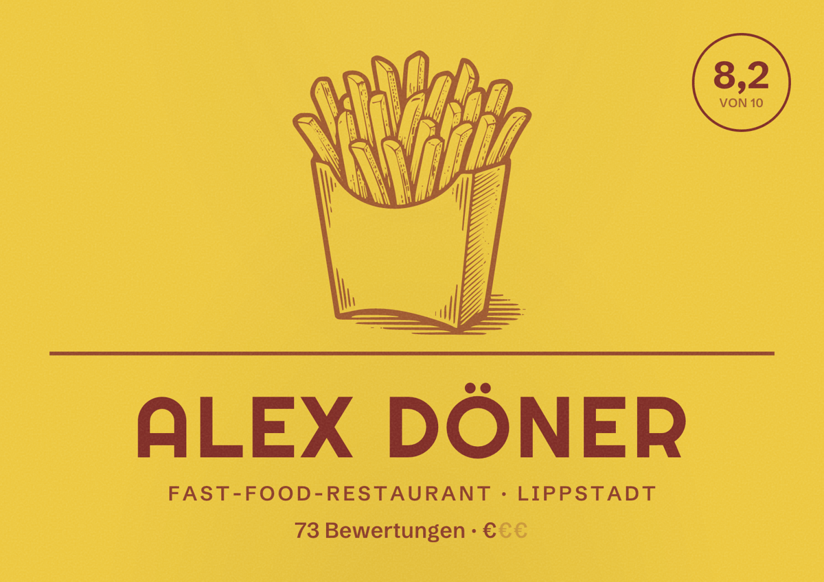 Illustriertes Poster von Alex Döner, Fast-Food-Restaurant in Lippstadt: Bewertung 8,2 von 10 aus 73 Bewertungen, Preisniveau €