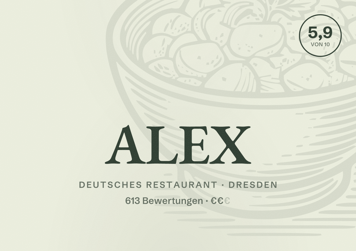 Illustriertes Poster von ALEX, Deutsches Restaurant in Dresden: Bewertung 5,9 von 10 aus 613 Bewertungen, Preisniveau €€