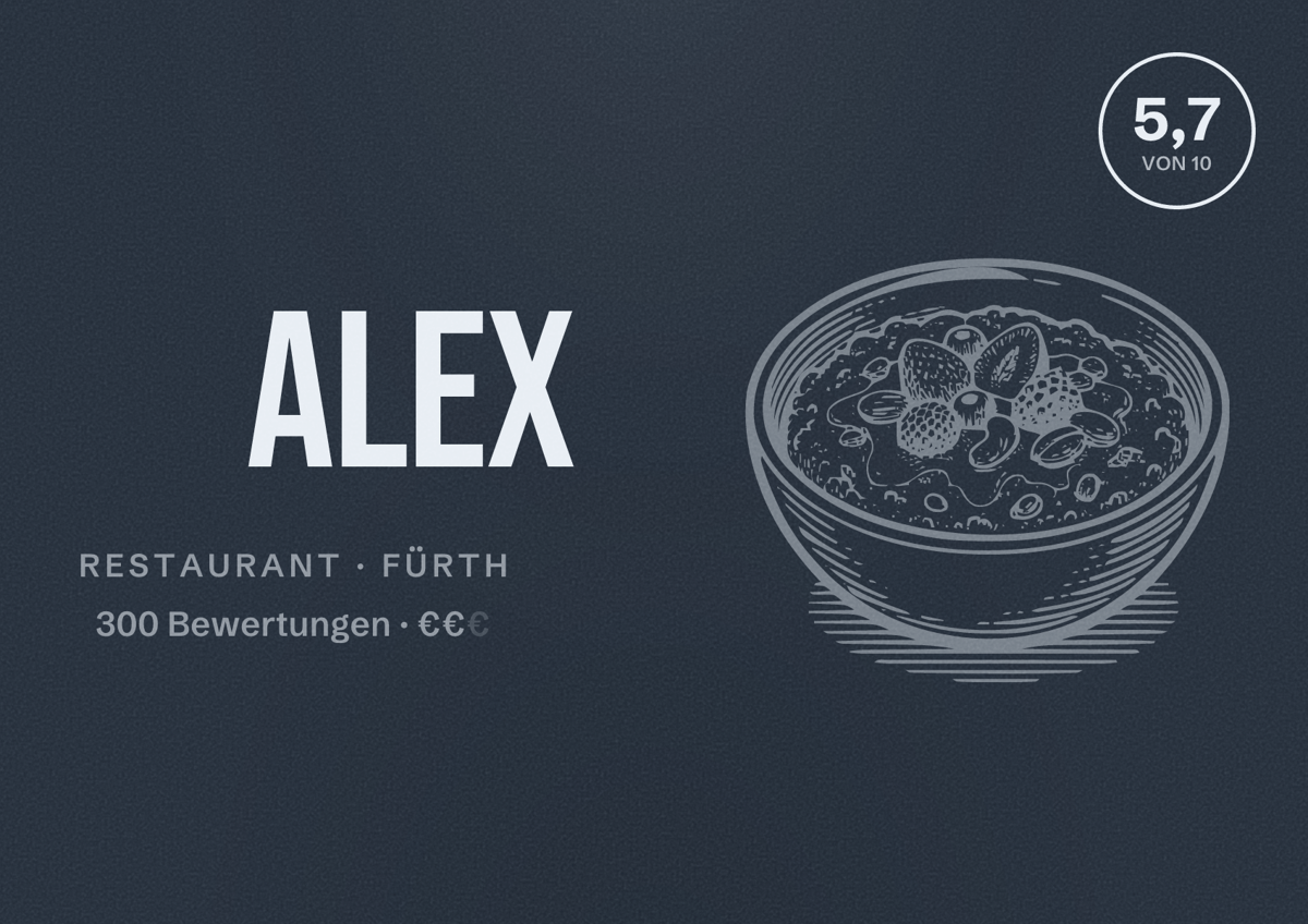 Illustriertes Poster von ALEX, Restaurant in Fürth: Bewertung 5,7 von 10 aus 300 Bewertungen, Preisniveau €€