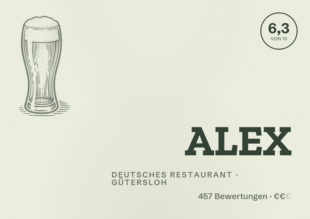 Illustriertes Poster von ALEX, Deutsches Restaurant in Gütersloh: Bewertung 6,3 von 10 aus 457 Bewertungen, Preisniveau €€