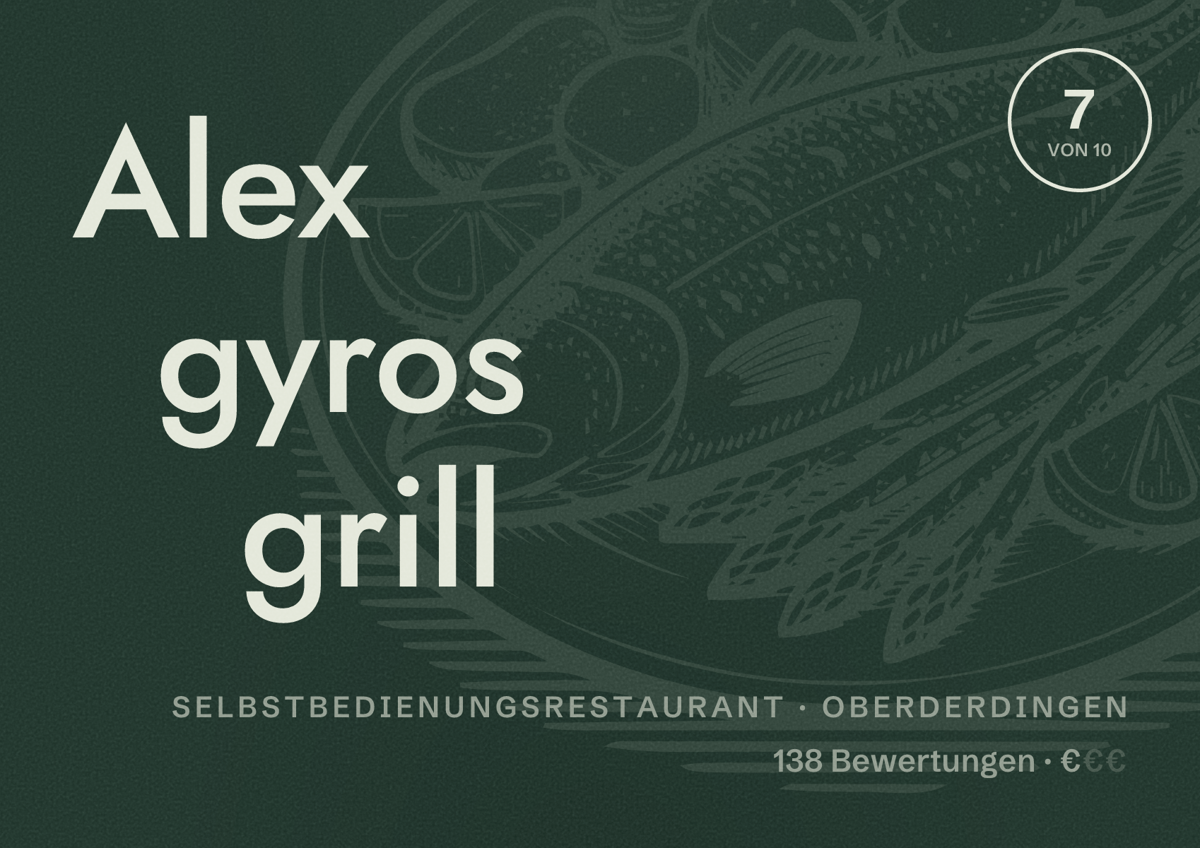 Illustriertes Poster von Alex gyros grill, Selbstbedienungsrestaurant in Oberderdingen: Bewertung 7 von 10 aus 138 Bewertungen, Preisniveau €