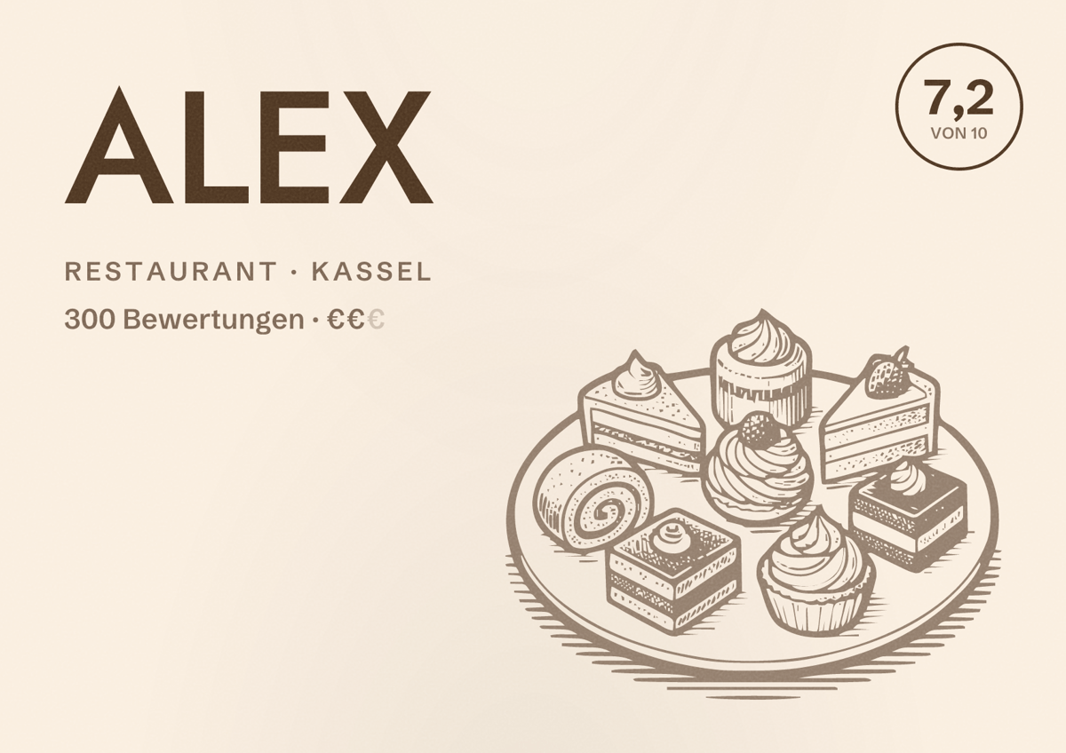Illustriertes Poster von ALEX, Restaurant in Kassel: Bewertung 7,2 von 10 aus 300 Bewertungen, Preisniveau €€