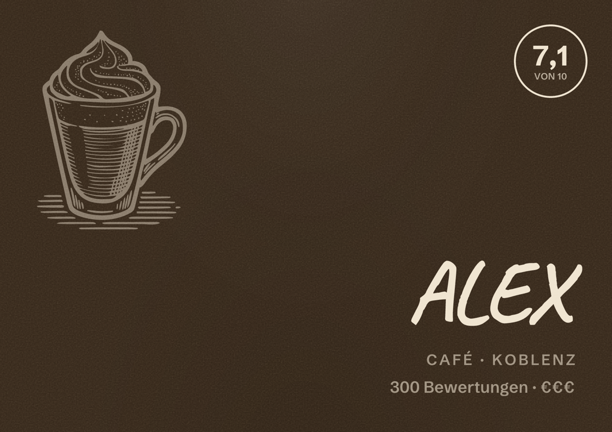 Illustriertes Poster von ALEX, Café in Koblenz: Bewertung 7,1 von 10 aus 300 Bewertungen, Preisniveau €€€