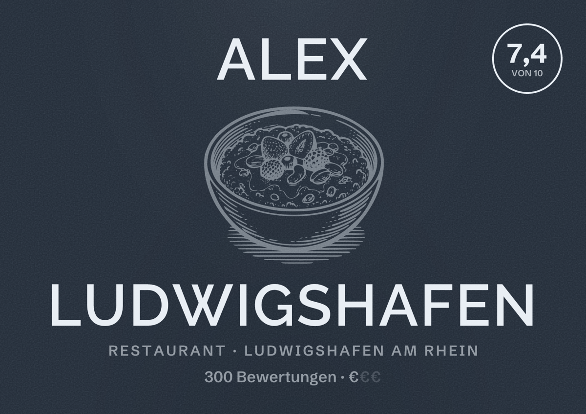 Illustriertes Poster von ALEX Ludwigshafen, Restaurant in Ludwigshafen am Rhein: Bewertung 7,4 von 10 aus 300 Bewertungen, Preisniveau €