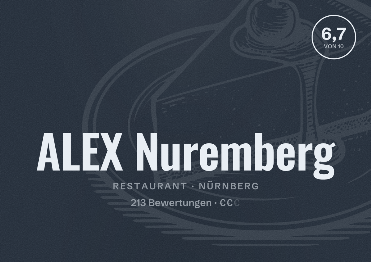 Illustriertes Poster von ALEX Nuremberg, Restaurant in Nürnberg: Bewertung 6,7 von 10 aus 213 Bewertungen, Preisniveau €€