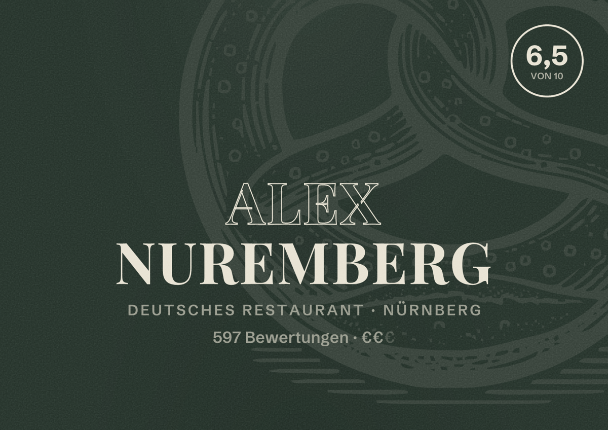 Illustriertes Poster von ALEX Nuremberg, Deutsches Restaurant in Nürnberg: Bewertung 6,5 von 10 aus 597 Bewertungen, Preisniveau €€