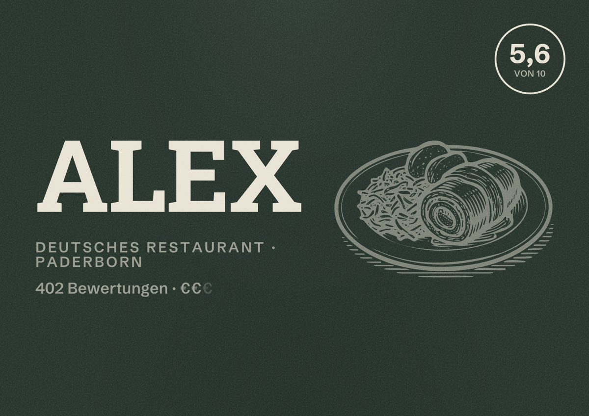Illustriertes Poster von ALEX, Deutsches Restaurant in Paderborn: Bewertung 5,6 von 10 aus 402 Bewertungen, Preisniveau €€
