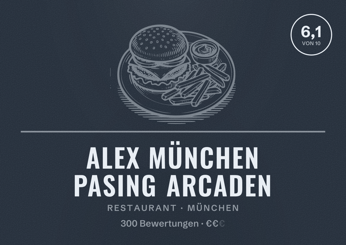 Illustriertes Poster von ALEX München Pasing Arcaden, Restaurant in München: Bewertung 6,1 von 10 aus 300 Bewertungen, Preisniveau €€