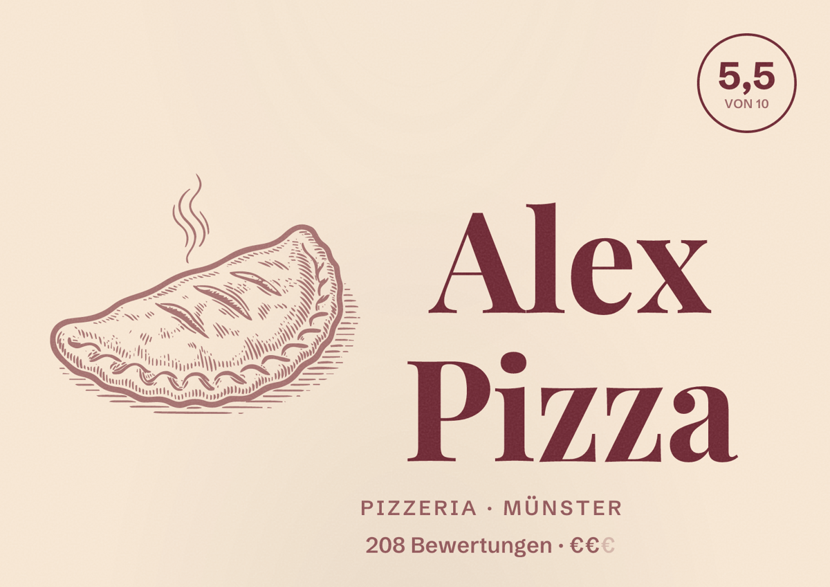 Illustriertes Poster von Alex Pizza, Pizzeria in Münster: Bewertung 5,5 von 10 aus 208 Bewertungen, Preisniveau €€