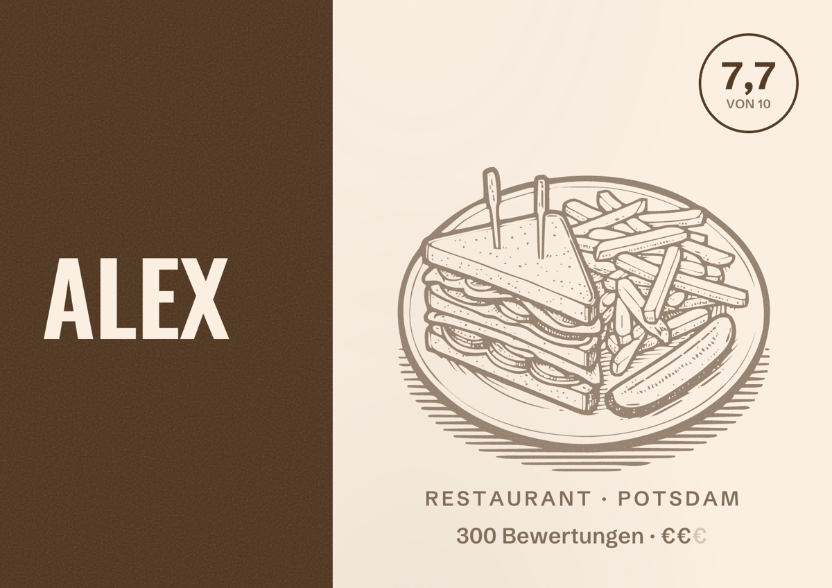 Illustriertes Poster von ALEX, Restaurant in Potsdam: Bewertung 7,7 von 10 aus 300 Bewertungen, Preisniveau €€