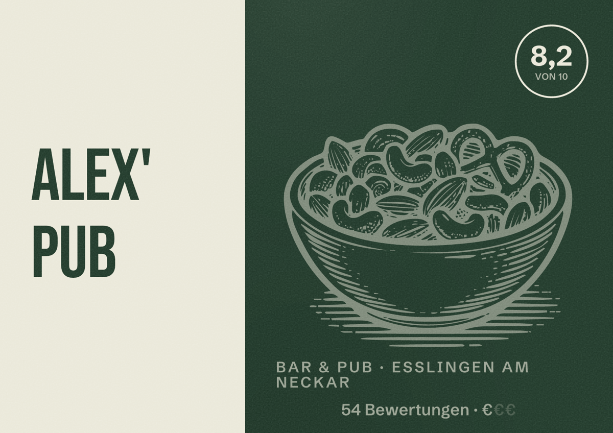 Illustriertes Poster von Alex' Pub, Bar & Pub in Esslingen am Neckar: Bewertung 8,2 von 10 aus 54 Bewertungen, Preisniveau €