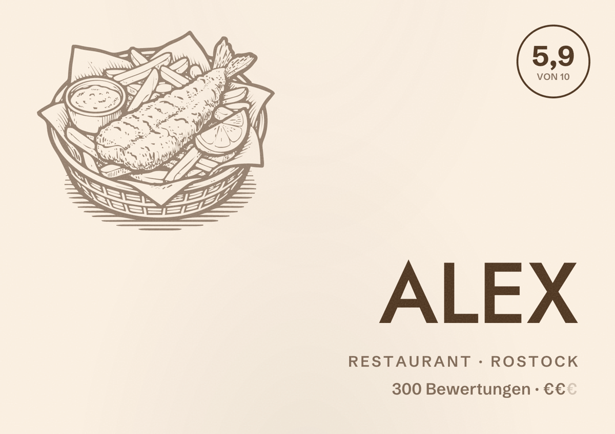 Illustriertes Poster von ALEX, Restaurant in Rostock: Bewertung 5,9 von 10 aus 300 Bewertungen, Preisniveau €€