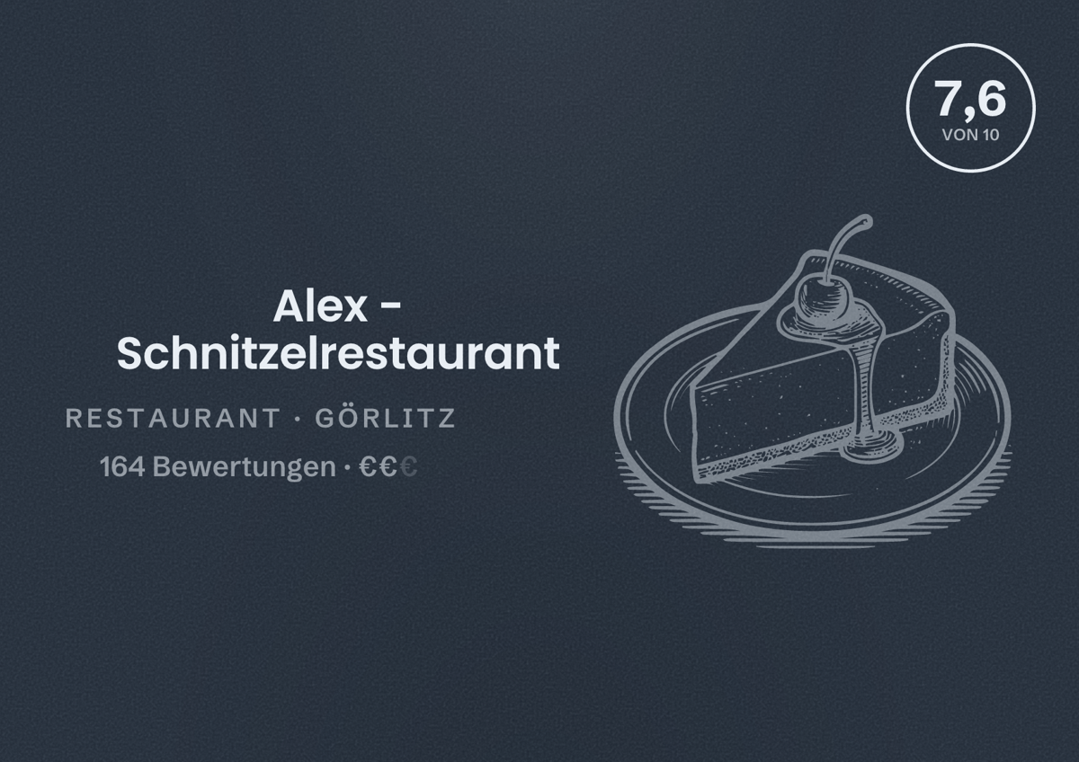 Illustriertes Poster von Alex - Schnitzelrestaurant, Restaurant in Görlitz: Bewertung 7,6 von 10 aus 164 Bewertungen, Preisniveau €€