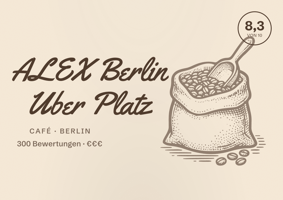 Illustriertes Poster von ALEX Berlin Uber Platz, Café in Berlin: Bewertung 8,3 von 10 aus 300 Bewertungen, Preisniveau €€€