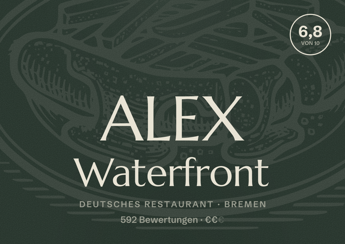 Illustriertes Poster von ALEX Waterfront, Deutsches Restaurant in Bremen: Bewertung 6,8 von 10 aus 592 Bewertungen, Preisniveau €€
