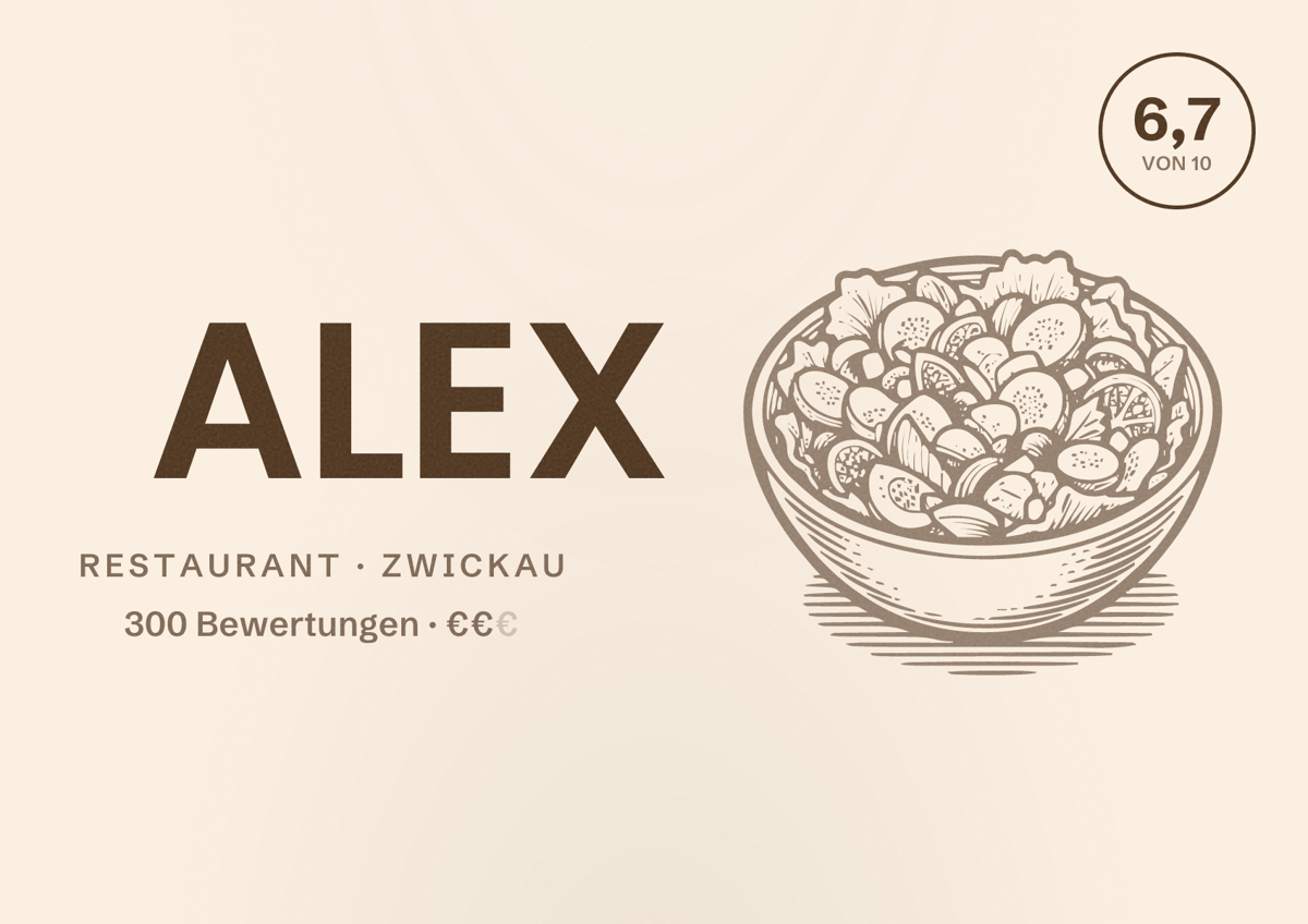 Illustriertes Poster von ALEX, Restaurant in Zwickau: Bewertung 6,7 von 10 aus 300 Bewertungen, Preisniveau €€