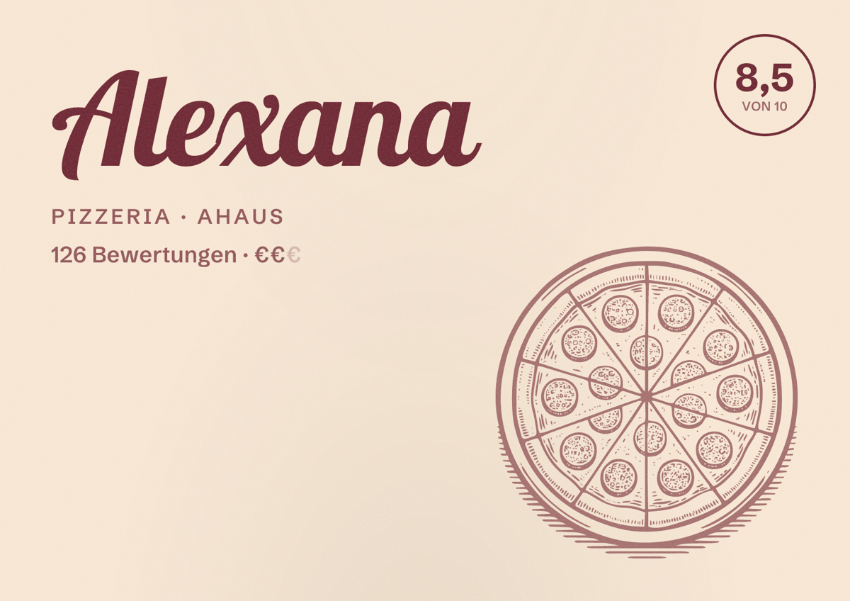 Illustriertes Poster von Alexana, Pizzeria in Ahaus: Bewertung 8,5 von 10 aus 126 Bewertungen, Preisniveau €€