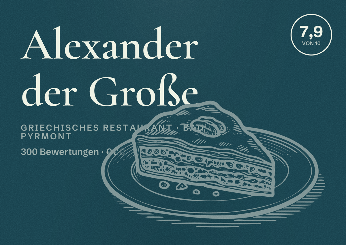 Illustriertes Poster von Alexander der Große, Griechisches Restaurant in Bad Pyrmont: Bewertung 7,9 von 10 aus 300 Bewertungen, Preisniveau €€