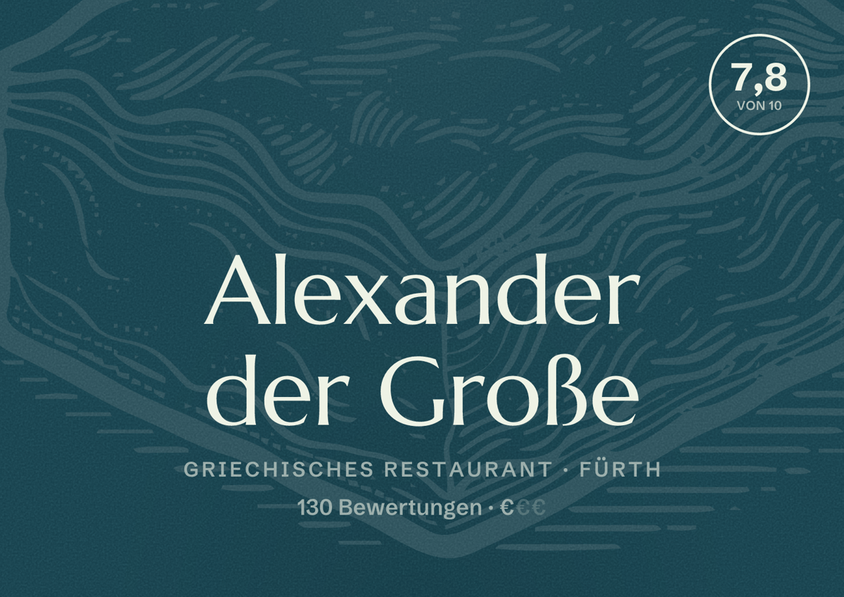 Illustriertes Poster von Alexander der Große, Griechisches Restaurant in Fürth: Bewertung 7,8 von 10 aus 130 Bewertungen, Preisniveau €