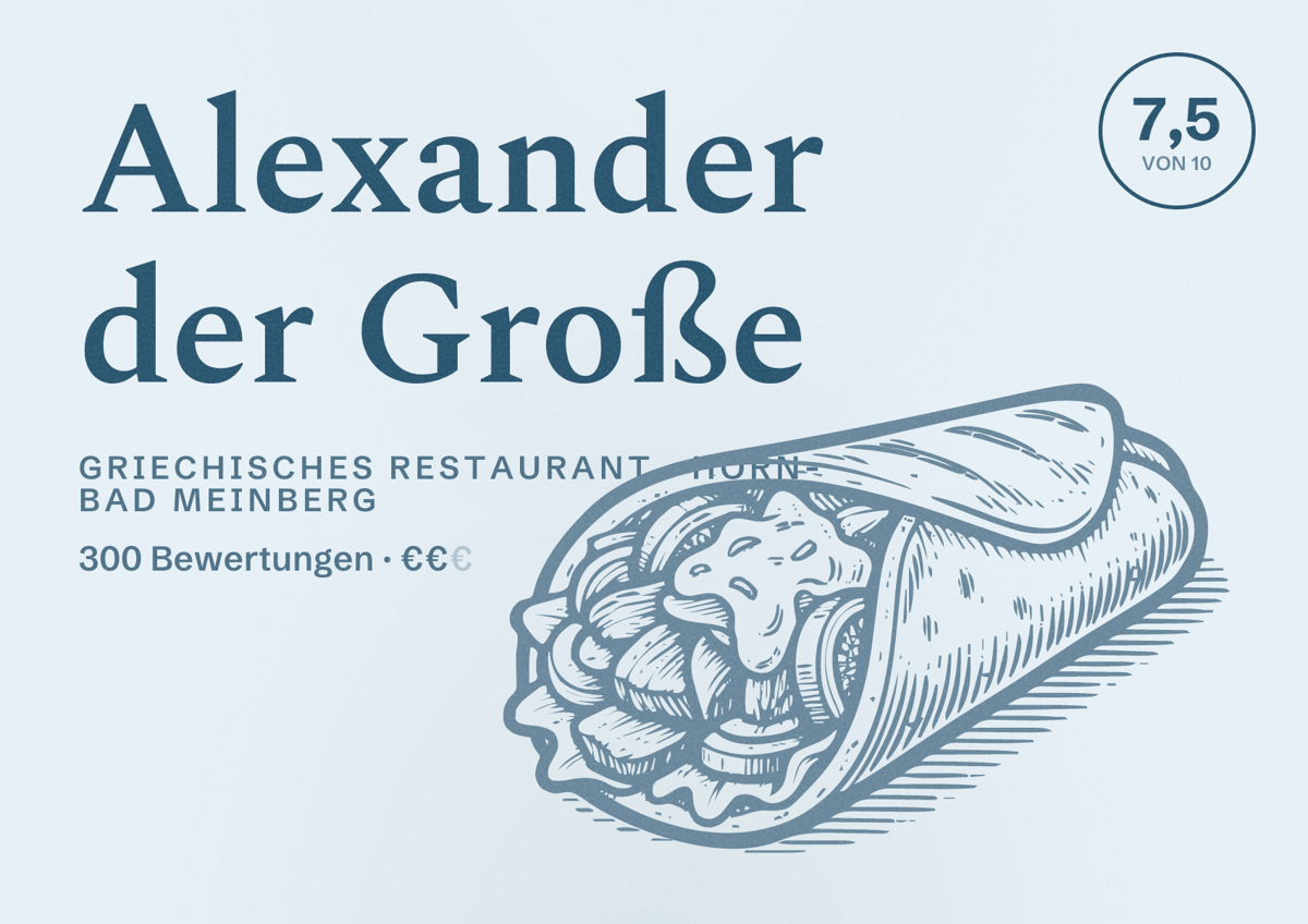 Illustriertes Poster von Alexander der Große, Griechisches Restaurant in Horn-Bad Meinberg: Bewertung 7,5 von 10 aus 300 Bewertungen, Preisniveau €€