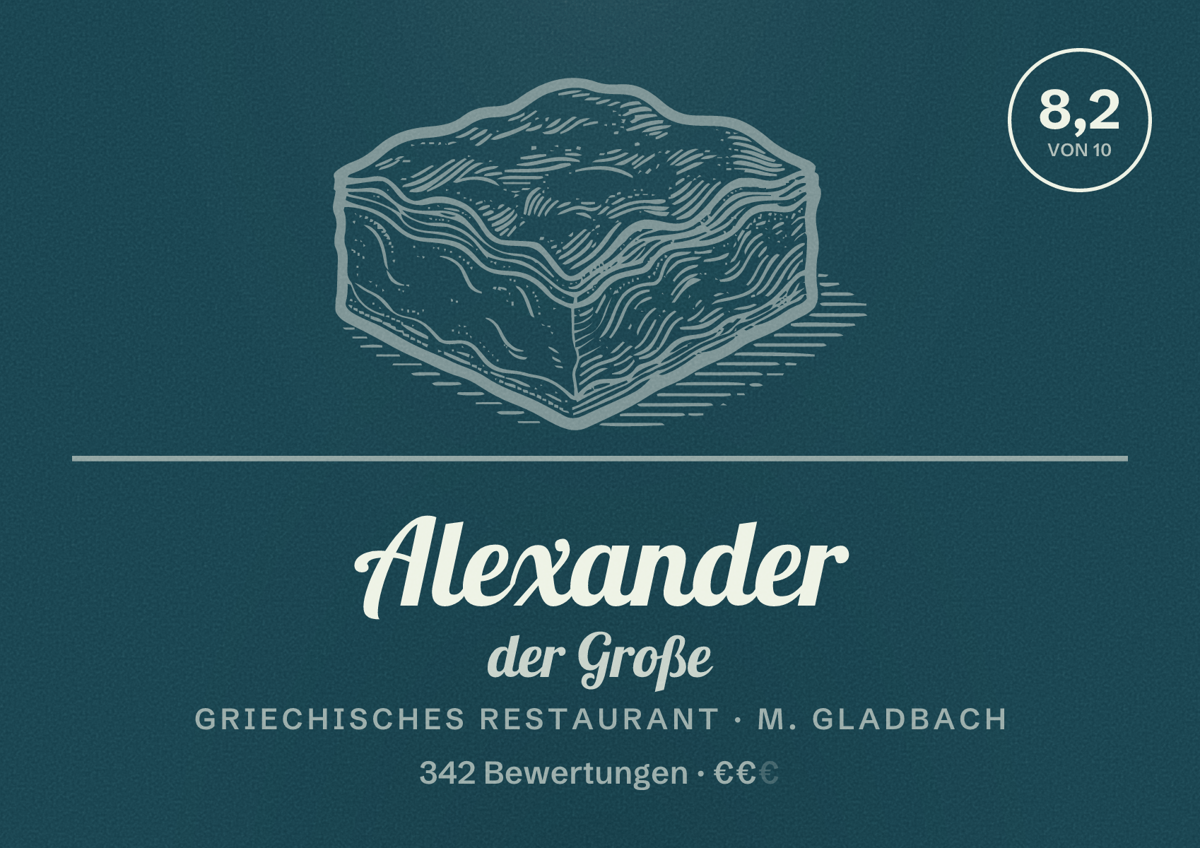 Illustriertes Poster von Alexander der Große, Griechisches Restaurant in M. Gladbach: Bewertung 8,2 von 10 aus 342 Bewertungen, Preisniveau €€