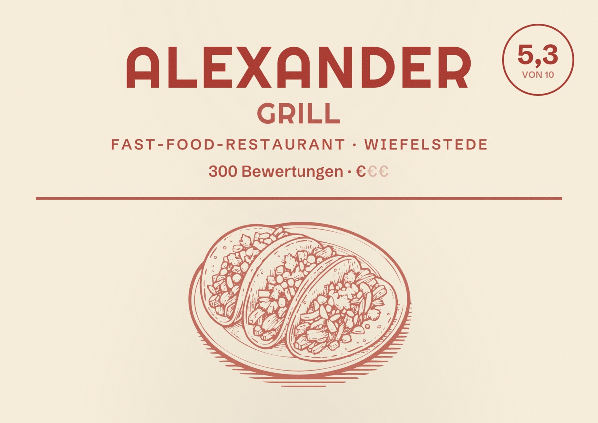 Illustriertes Poster von Alexander Grill, Fast-Food-Restaurant in Wiefelstede: Bewertung 5,3 von 10 aus 300 Bewertungen, Preisniveau €