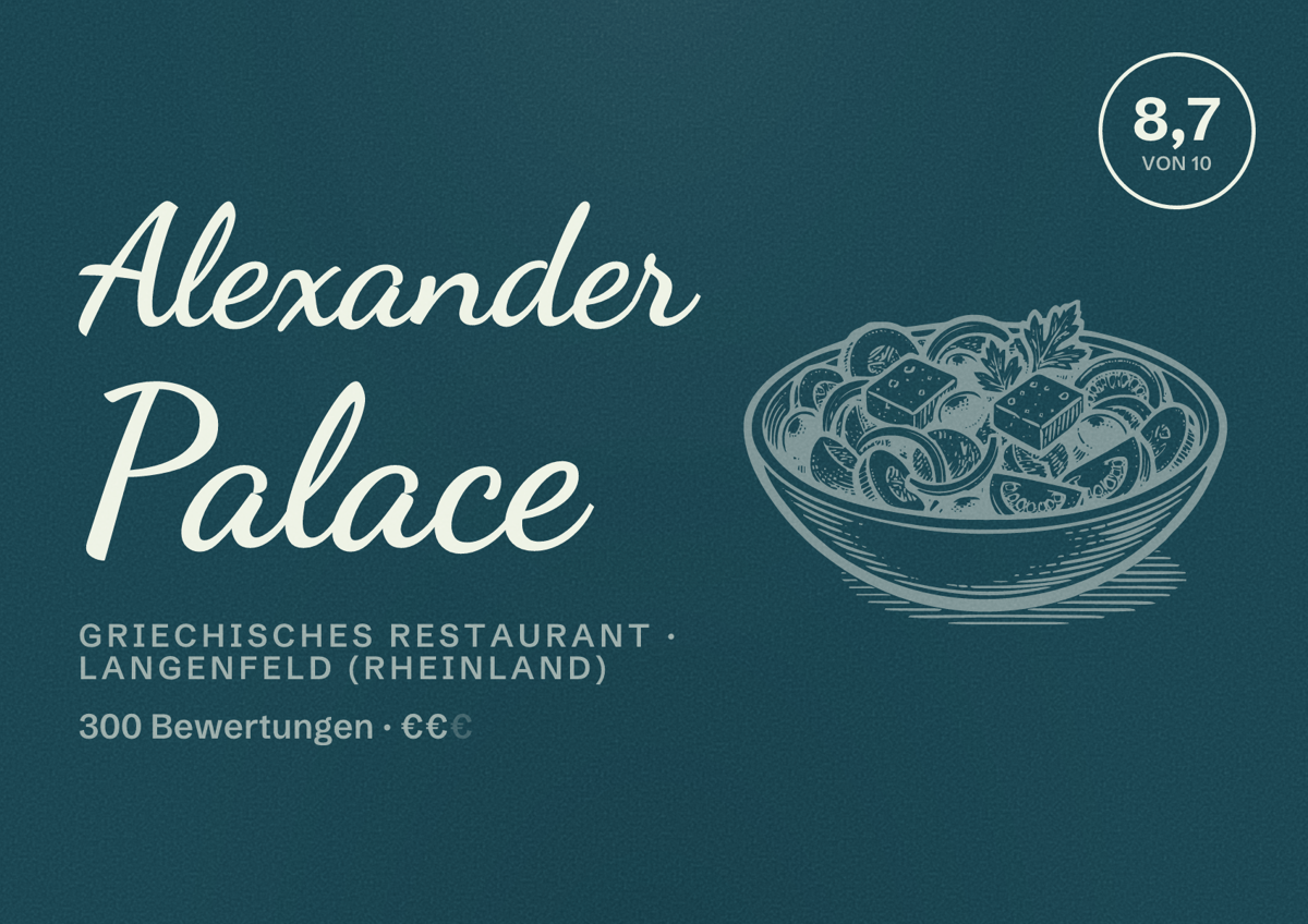 Illustriertes Poster von Alexander Palace, Griechisches Restaurant in Langenfeld (Rheinland): Bewertung 8,7 von 10 aus 300 Bewertungen, Preisniveau €€
