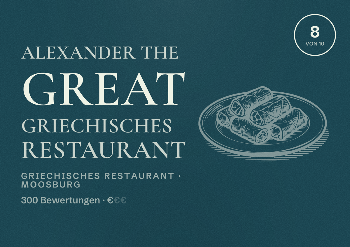Illustriertes Poster von Alexander The Great Griechisches Restaurant, Griechisches Restaurant in Moosburg: Bewertung 8 von 10 aus 300 Bewertungen, Preisniveau €