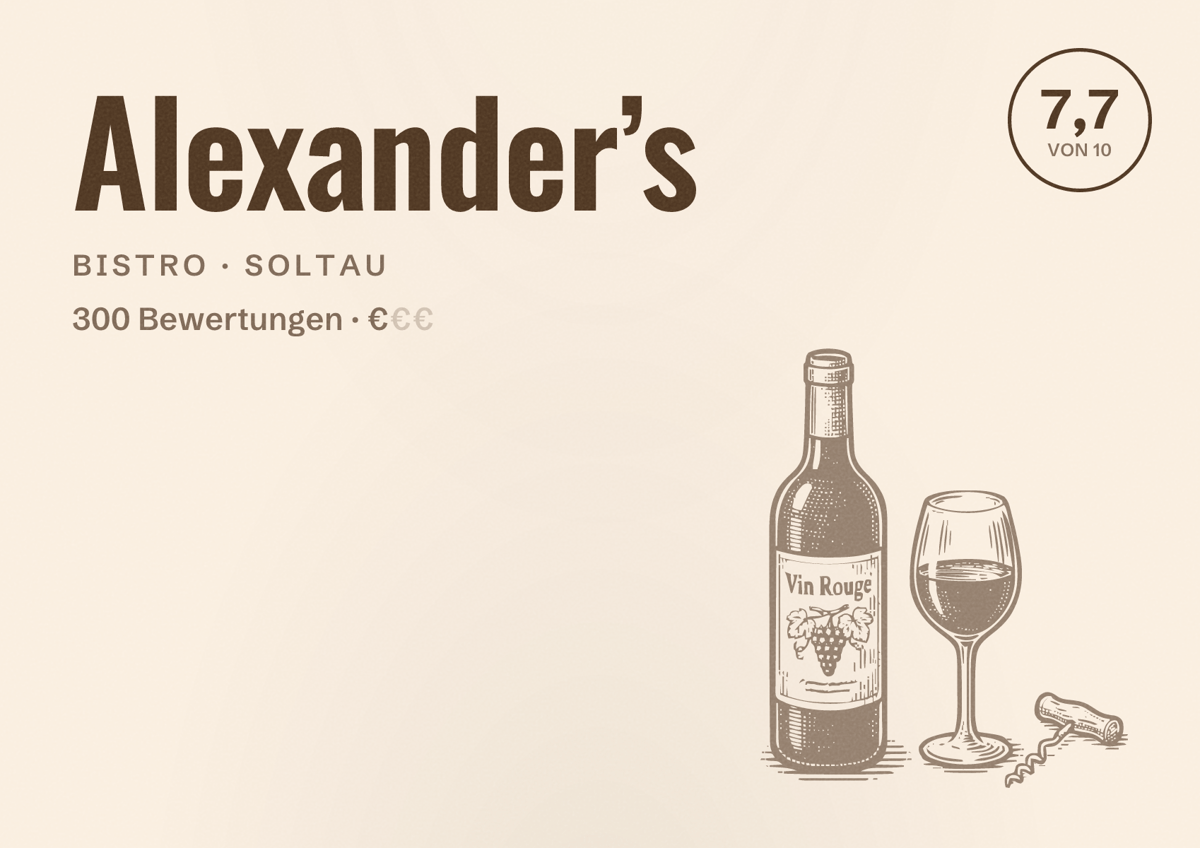 Illustriertes Poster von Alexander’s, Bistro in Soltau: Bewertung 7,7 von 10 aus 300 Bewertungen, Preisniveau €