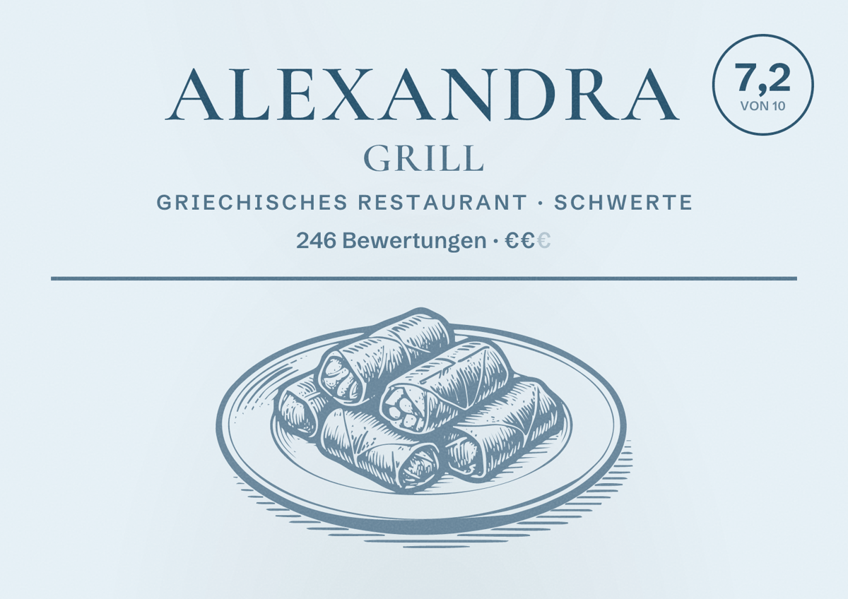 Illustriertes Poster von ALEXANDRA GRILL, Griechisches Restaurant in Schwerte: Bewertung 7,2 von 10 aus 246 Bewertungen, Preisniveau €€