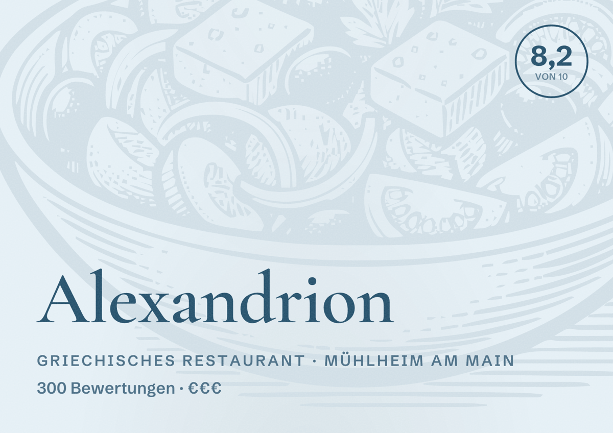 Illustriertes Poster von Alexandrion, Griechisches Restaurant in Mühlheim am Main: Bewertung 8,2 von 10 aus 300 Bewertungen, Preisniveau €€€