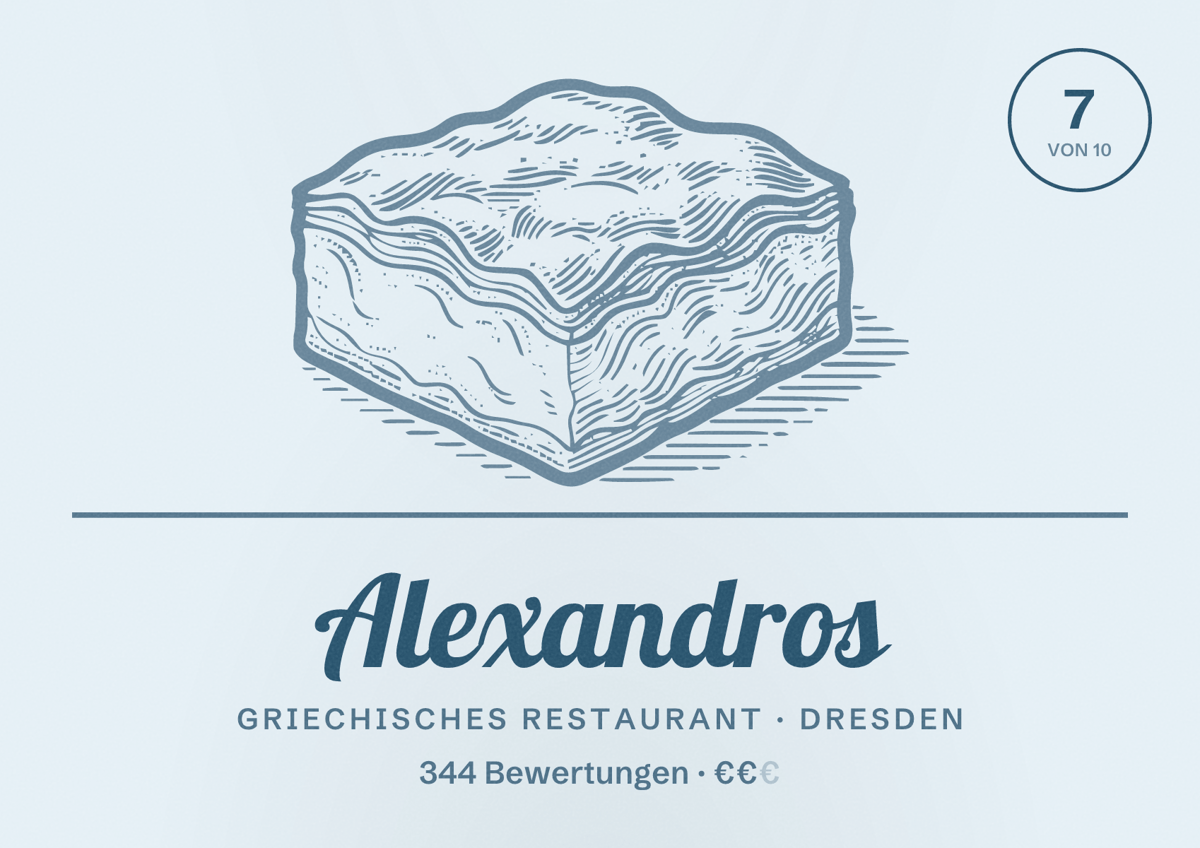 Illustriertes Poster von Alexandros, Griechisches Restaurant in Dresden: Bewertung 7 von 10 aus 344 Bewertungen, Preisniveau €€