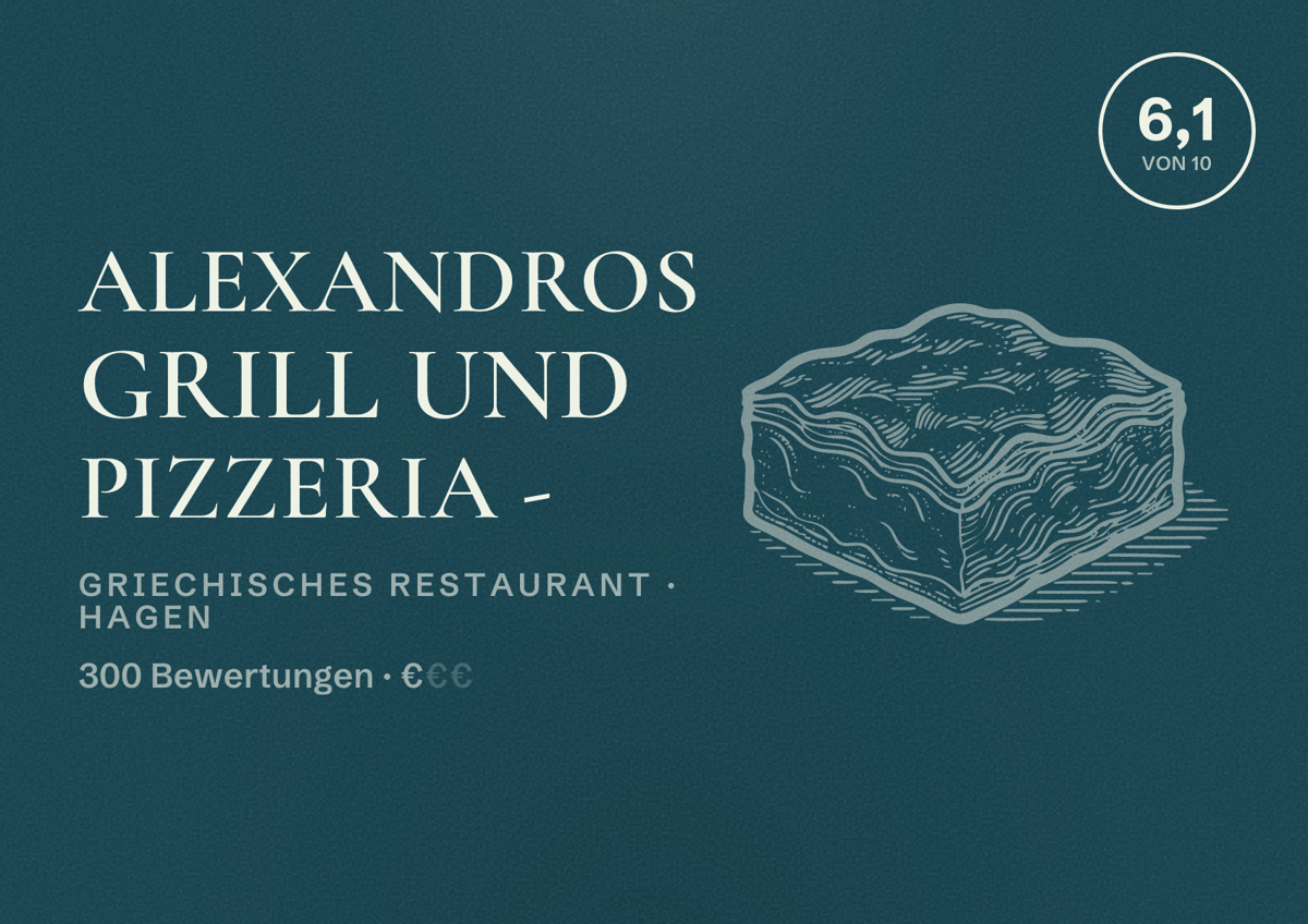 Illustriertes Poster von Alexandros Grill und Pizzeria -, Griechisches Restaurant in Hagen: Bewertung 6,1 von 10 aus 300 Bewertungen, Preisniveau €