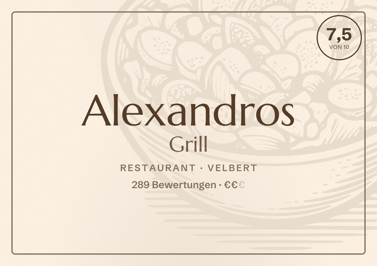 Illustriertes Poster von Alexandros Grill, Restaurant in Velbert: Bewertung 7,5 von 10 aus 289 Bewertungen, Preisniveau €€