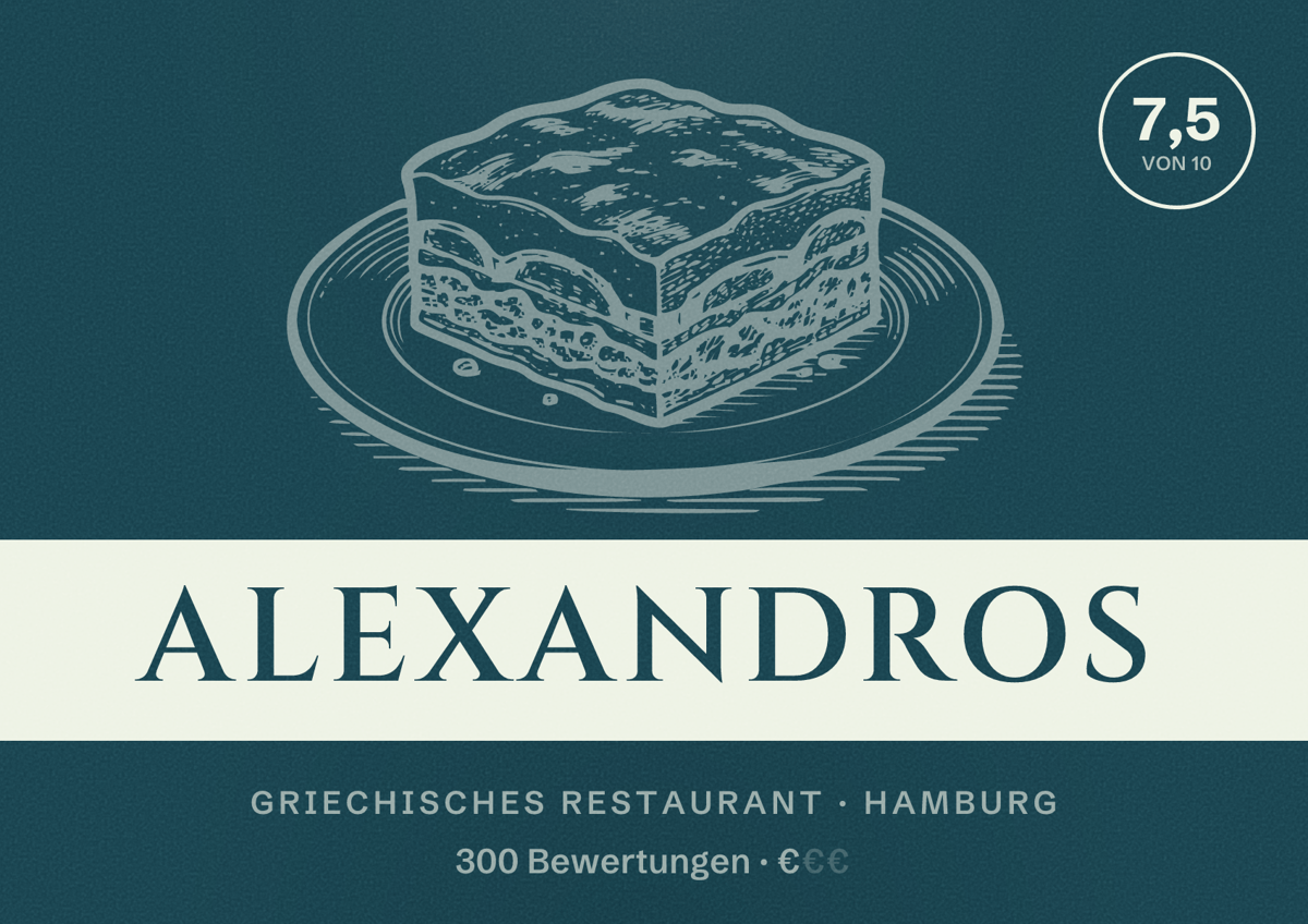 Illustriertes Poster von Alexandros, Griechisches Restaurant in Hamburg: Bewertung 7,5 von 10 aus 300 Bewertungen, Preisniveau €
