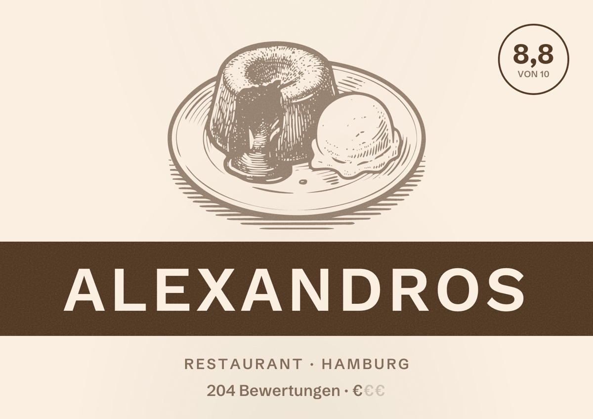 Illustriertes Poster von AlexandroS, Restaurant in Hamburg: Bewertung 8,8 von 10 aus 204 Bewertungen, Preisniveau €