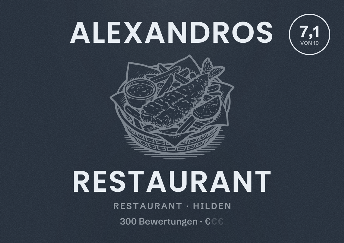 Illustriertes Poster von Alexandros Restaurant, Restaurant in Hilden: Bewertung 7,1 von 10 aus 300 Bewertungen, Preisniveau €