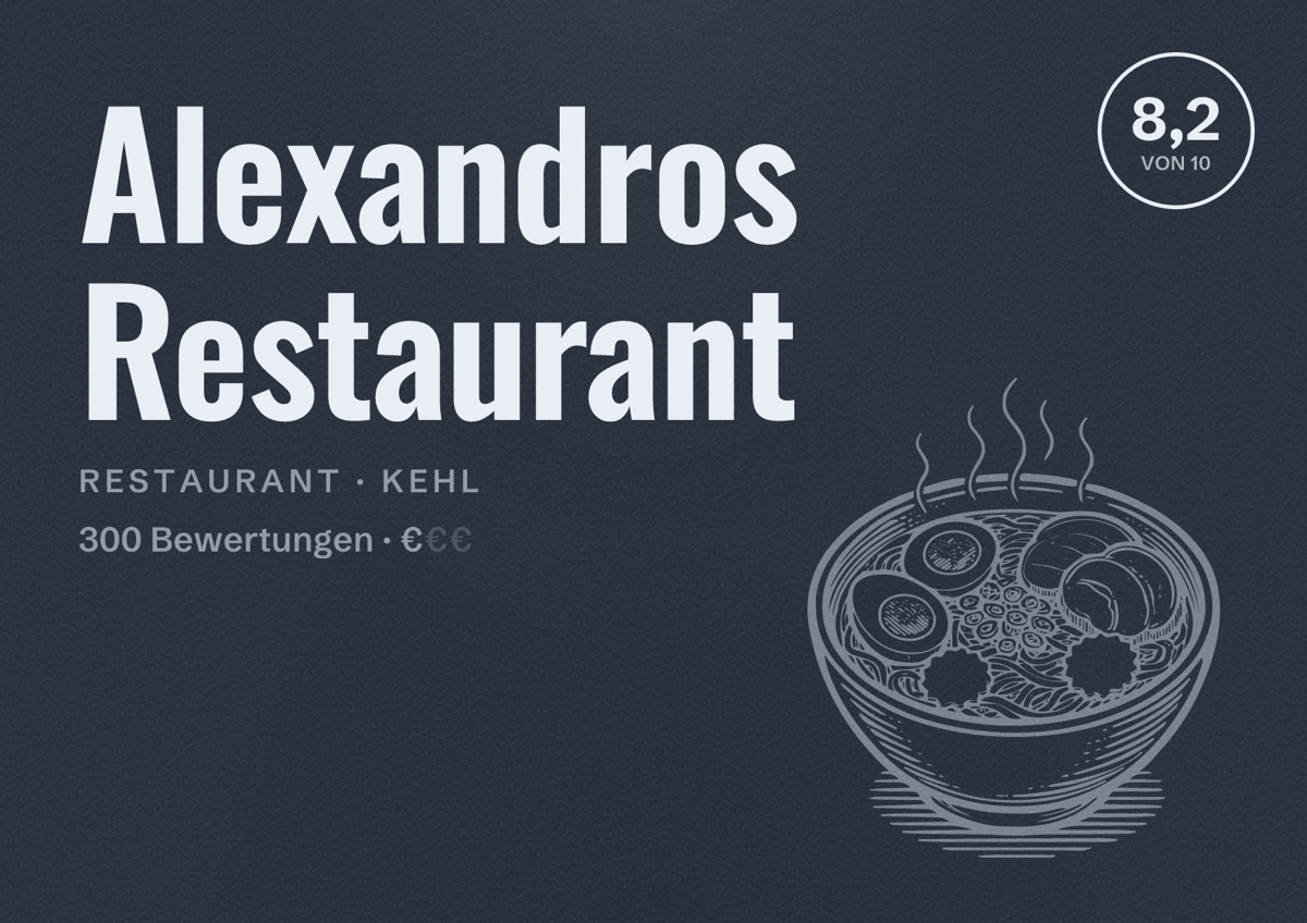 Illustriertes Poster von Alexandros Restaurant, Restaurant in Kehl: Bewertung 8,2 von 10 aus 300 Bewertungen, Preisniveau €