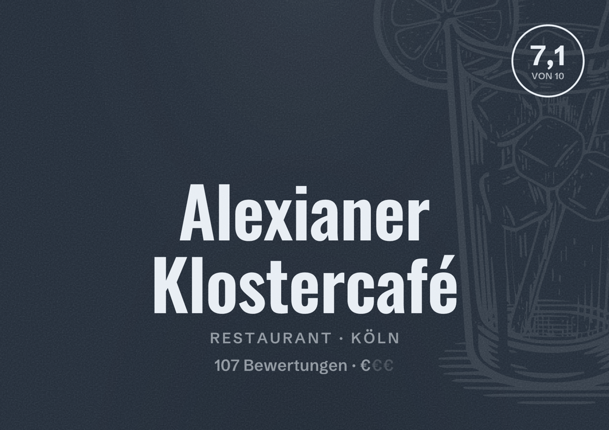 Illustriertes Poster von Alexianer Klostercafé, Restaurant in Köln: Bewertung 7,1 von 10 aus 107 Bewertungen, Preisniveau €