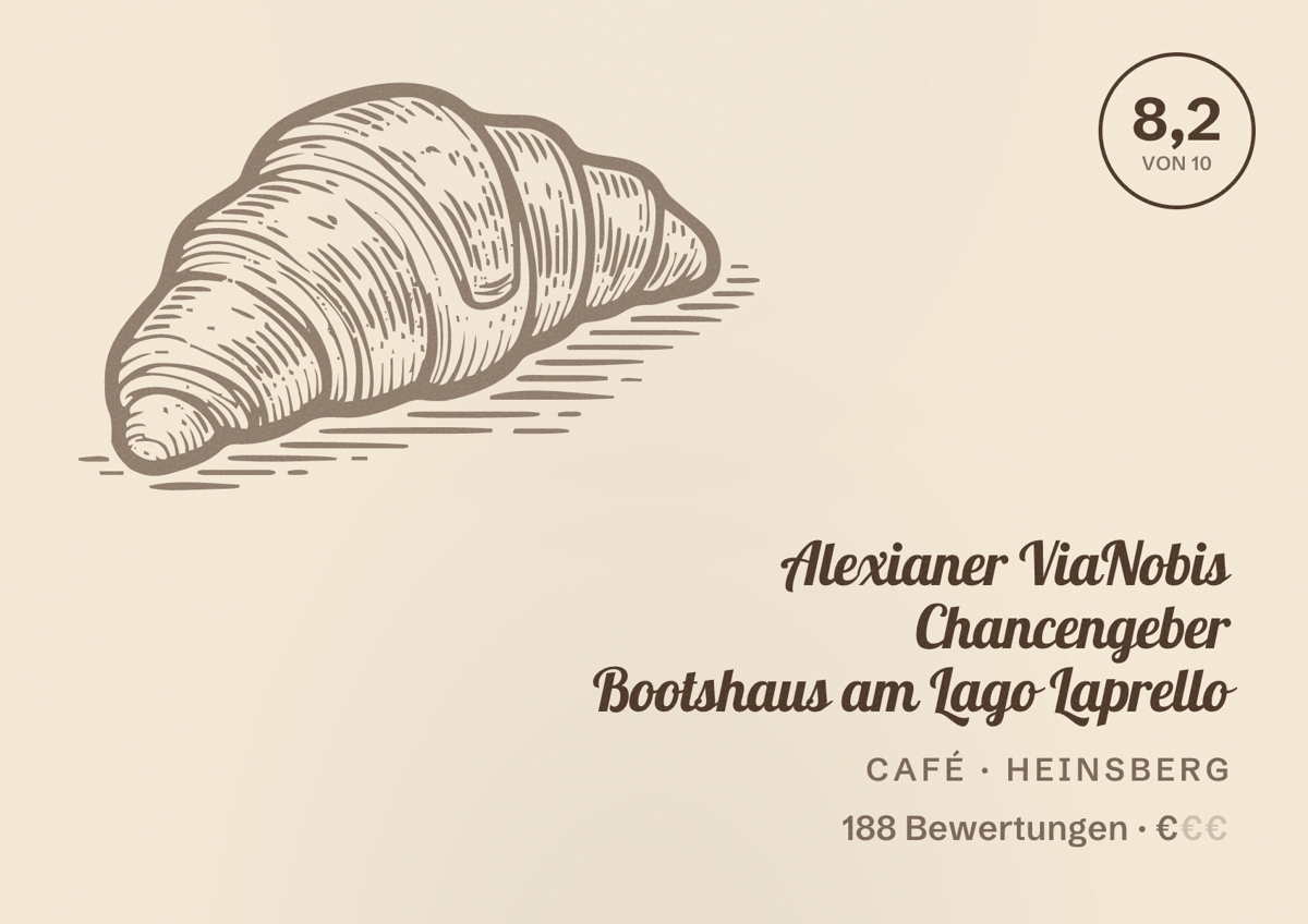 Illustriertes Poster von Alexianer ViaNobis Chancengeber Bootshaus am Lago Laprello, Café in Heinsberg: Bewertung 8,2 von 10 aus 188 Bewertungen, Preisniveau €